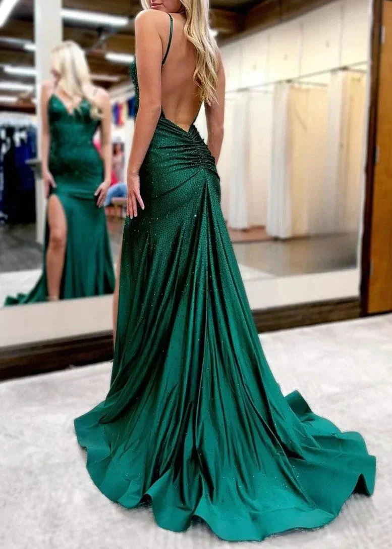 Royal Blue Beaded V Neck Mermaid Long Prom Dresses with Slit - Image 4