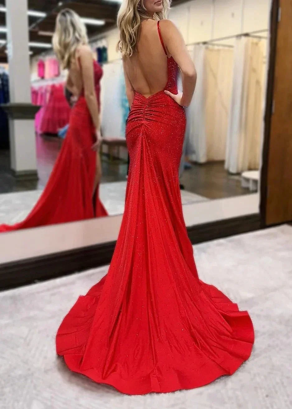 Royal Blue Beaded V Neck Mermaid Long Prom Dresses with Slit - Image 6