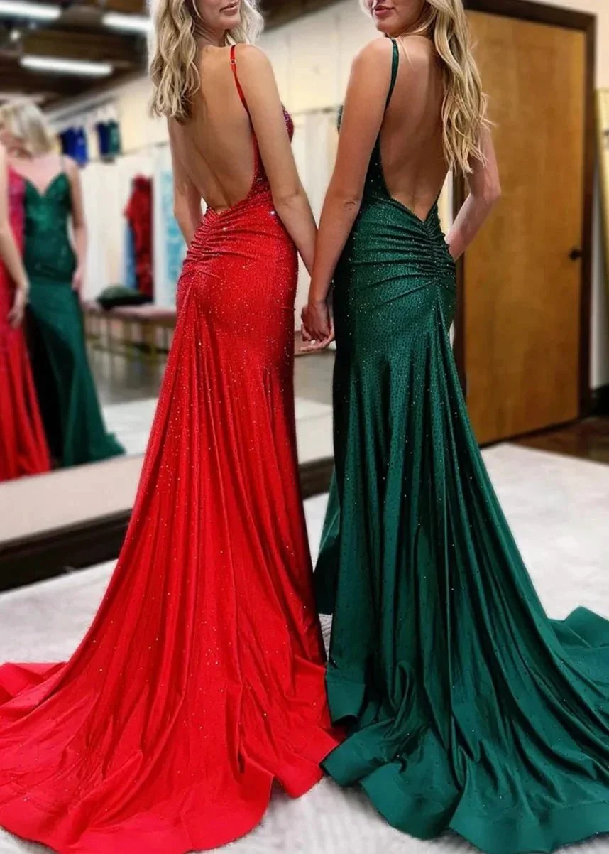 Royal Blue Beaded V Neck Mermaid Long Prom Dresses with Slit - Image 7