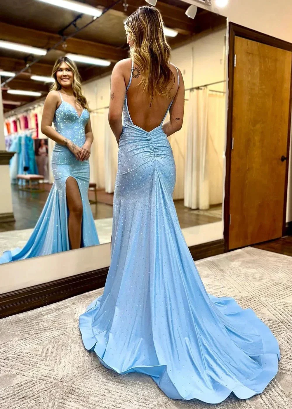 Royal Blue Beaded V Neck Mermaid Long Prom Dresses with Slit - Image 8