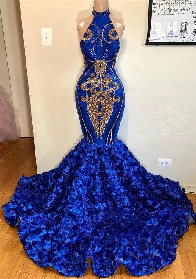 Royal Blue Halter Mermaid Prom Dresses Gorgeous Long Evening Gowns - Image 2