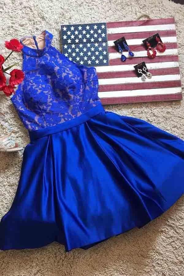 Royal Blue Halter Satin Short Prom Dresses Homecoming Dresses  PD161 - Image 2