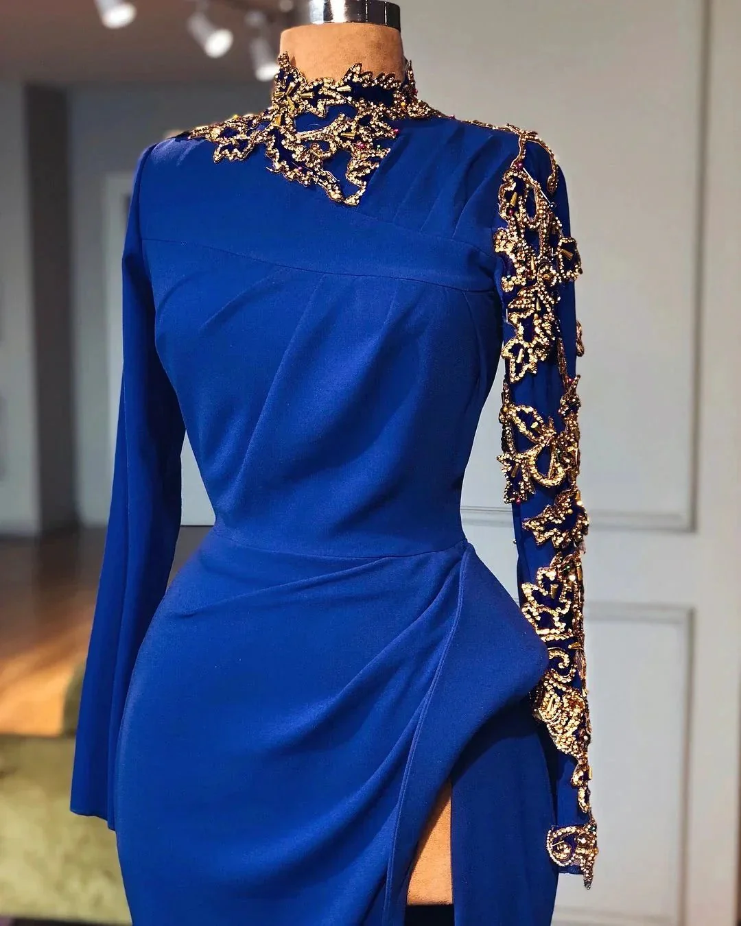 Royal Blue High Neck Mermaid Prom Dresses with Slit Elegant Long Sleeves Evening Gowns - Image 2