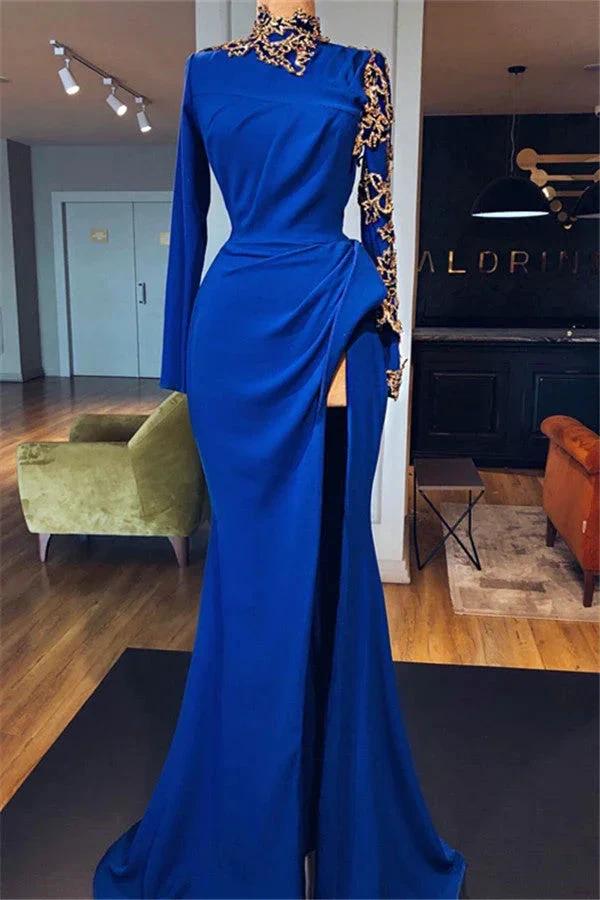 Royal Blue High Neck Mermaid Prom Dresses with Slit Elegant Long Sleeves Evening Gowns - Image 3