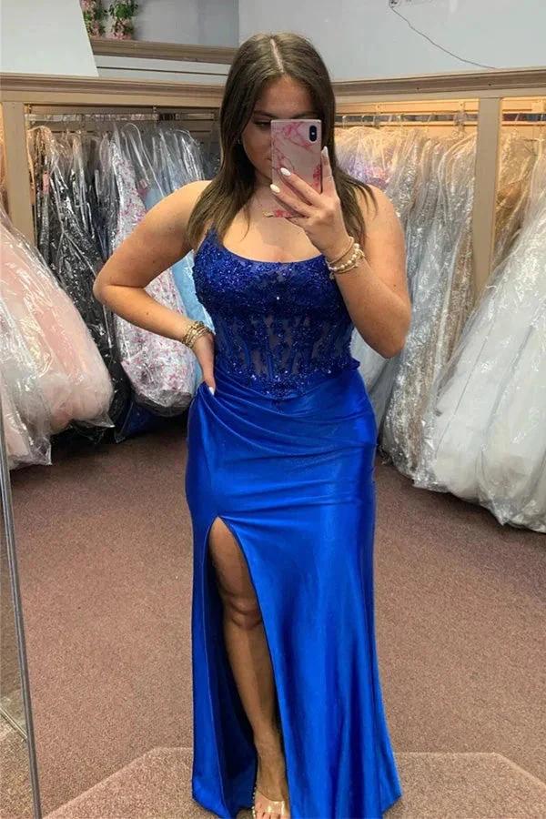 Royal Blue Lace-Up Mermaid Satin Long Prom Dress with Slit PSK512 - Image 2