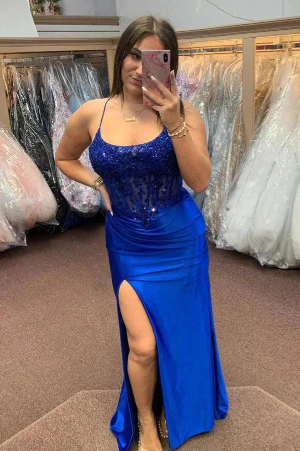 Royal Blue Lace-Up Mermaid Satin Long Prom Dress with Slit PSK512 - Image 3