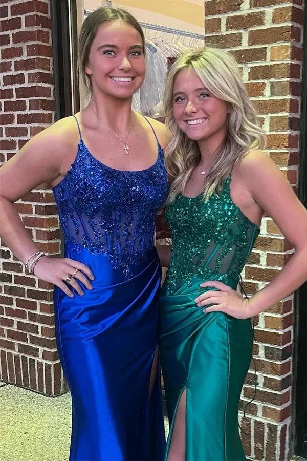 Royal Blue Lace-Up Mermaid Satin Long Prom Dress with Slit PSK512 - Image 4