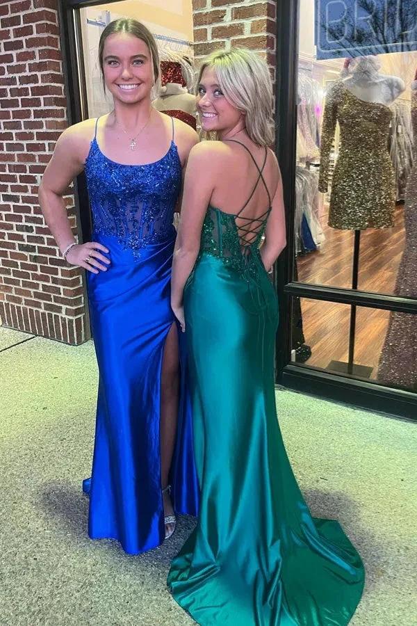 Royal Blue Lace-Up Mermaid Satin Long Prom Dress with Slit PSK512 - Image 5