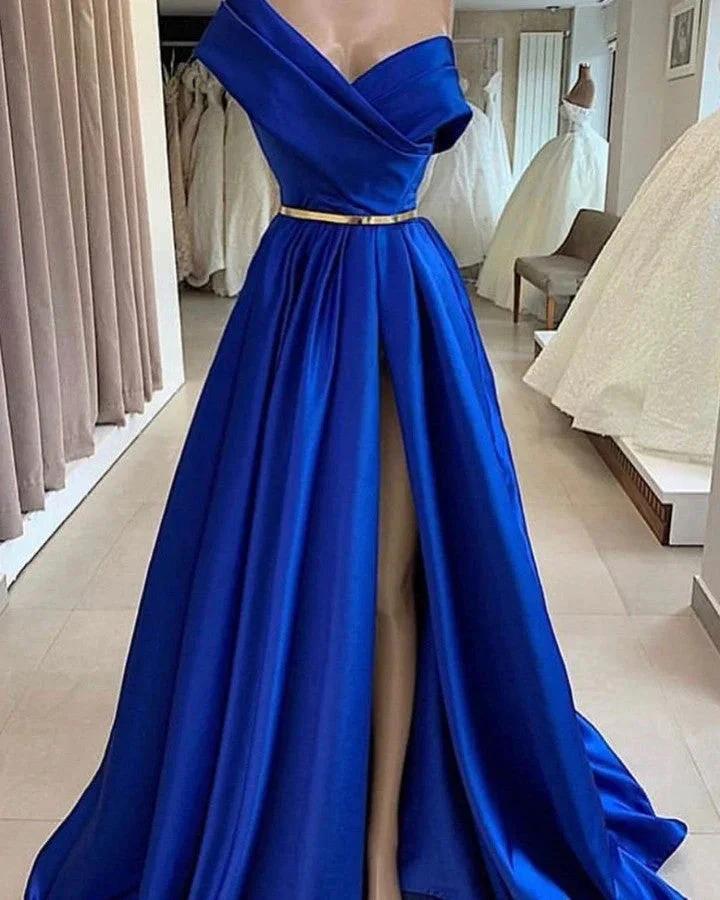 Royal Blue Long A-line One Shoulder Satin Prom Dresses with Slit - Image 2