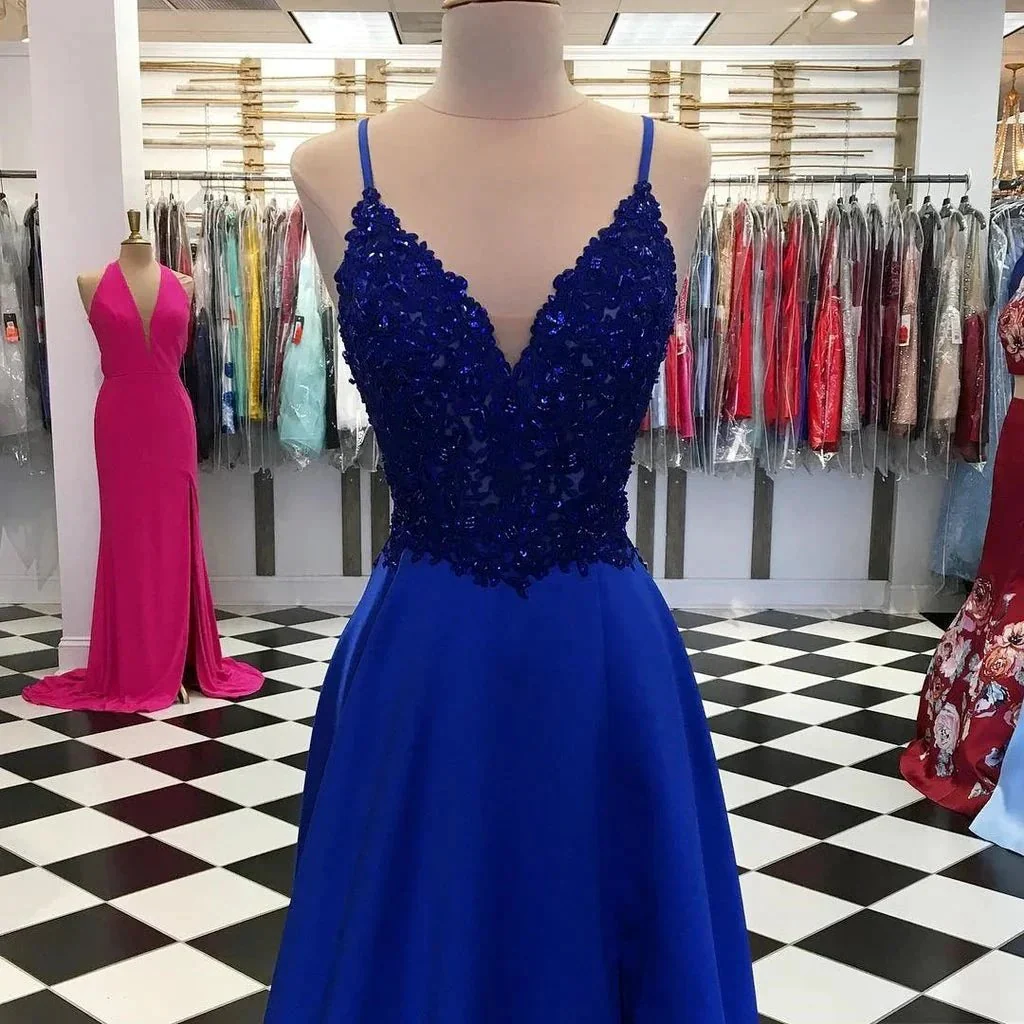 Royal Blue Long A-Line Sequins Satin V-neck Prom Dresses - Image 2