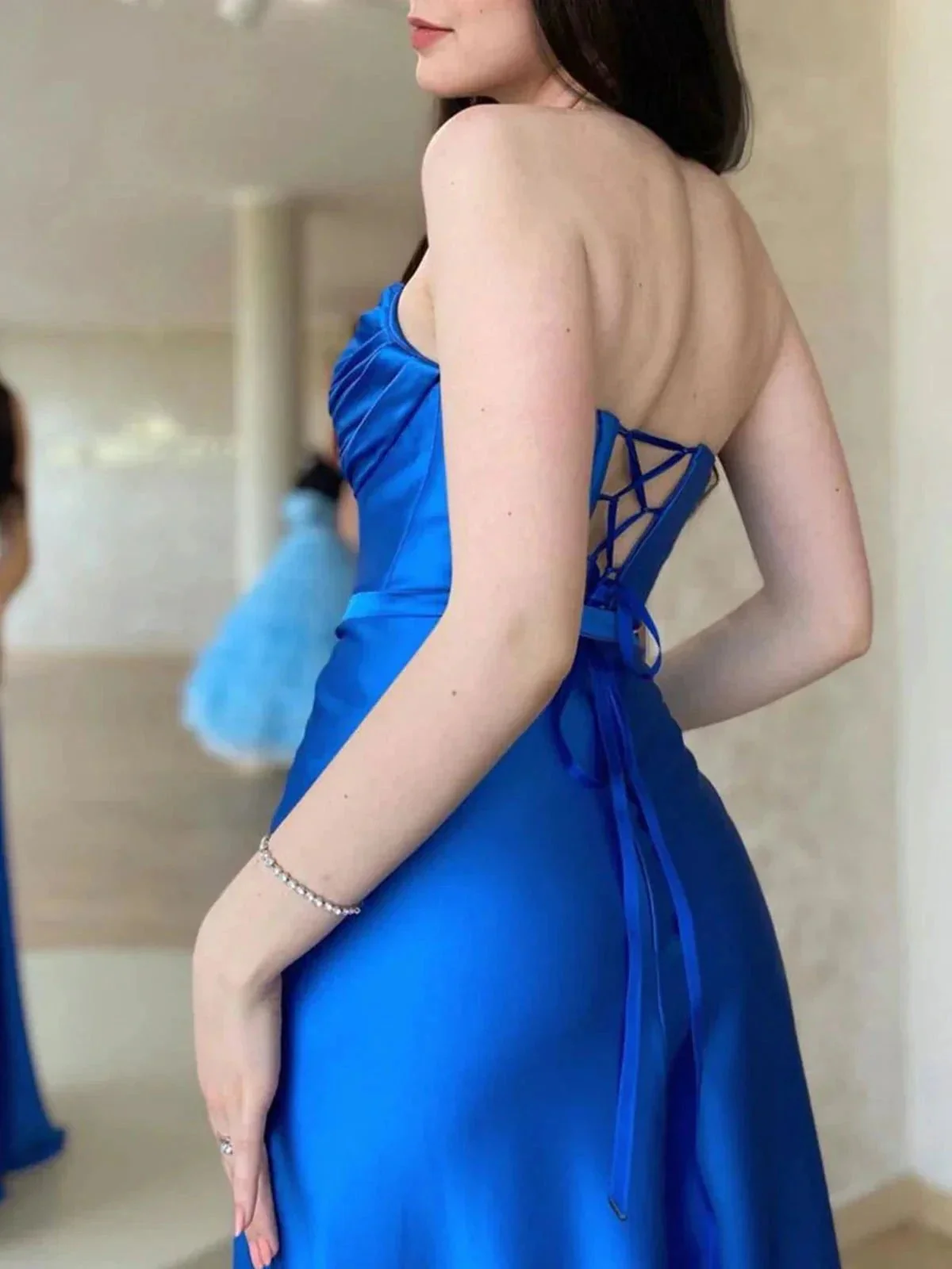 Royal Blue Long A-line Strapless Open Back Satin Formal Graduation Prom Dresses with Slit - Image 3