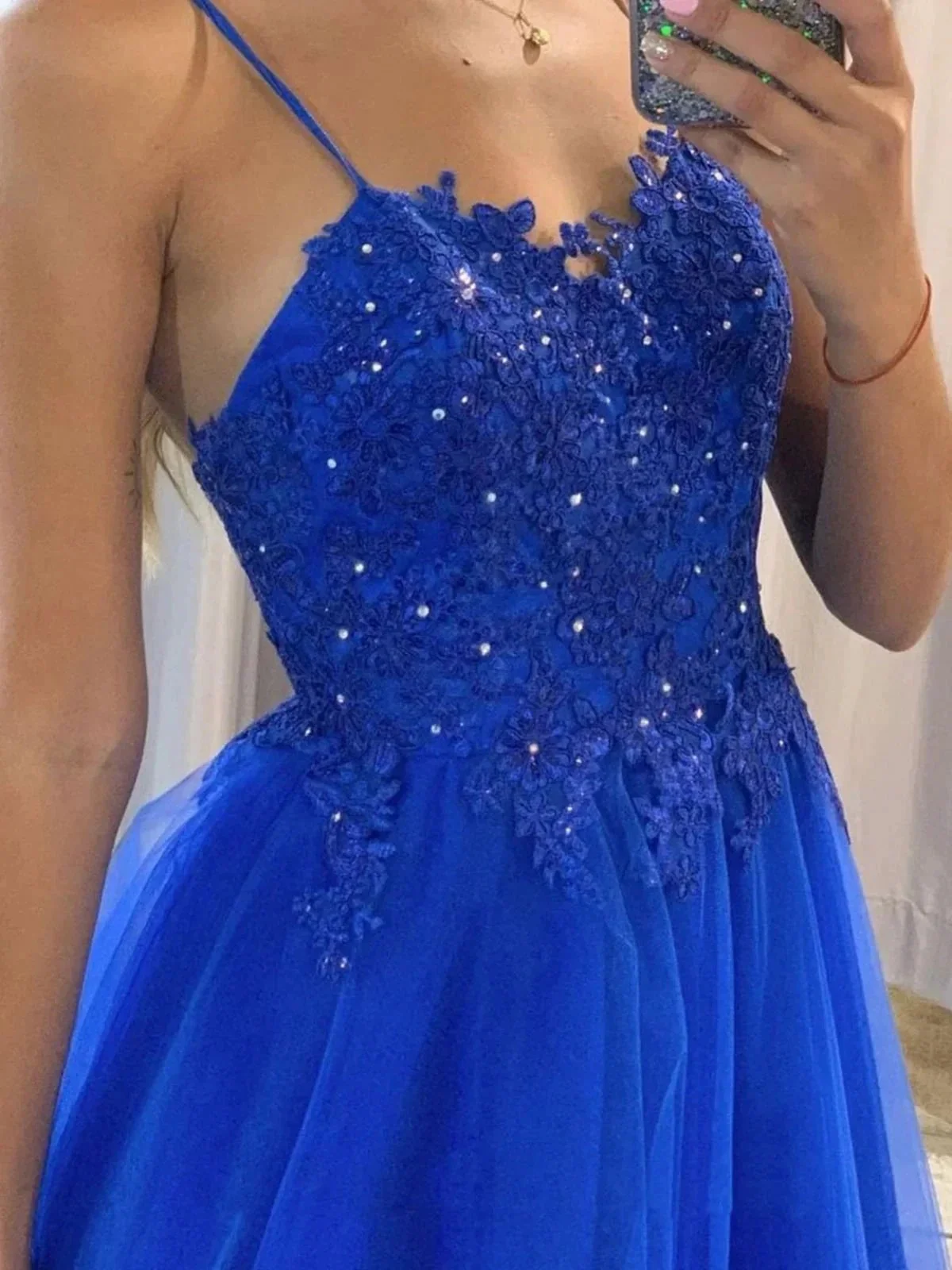Royal Blue Long A-line Sweetheart Tulle Lace Formal Prom Dresses - Image 2
