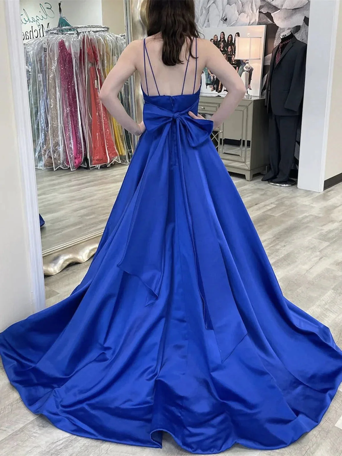 Royal Blue Long A-line V-neck Satin Backless Formal Prom Dress - Image 2