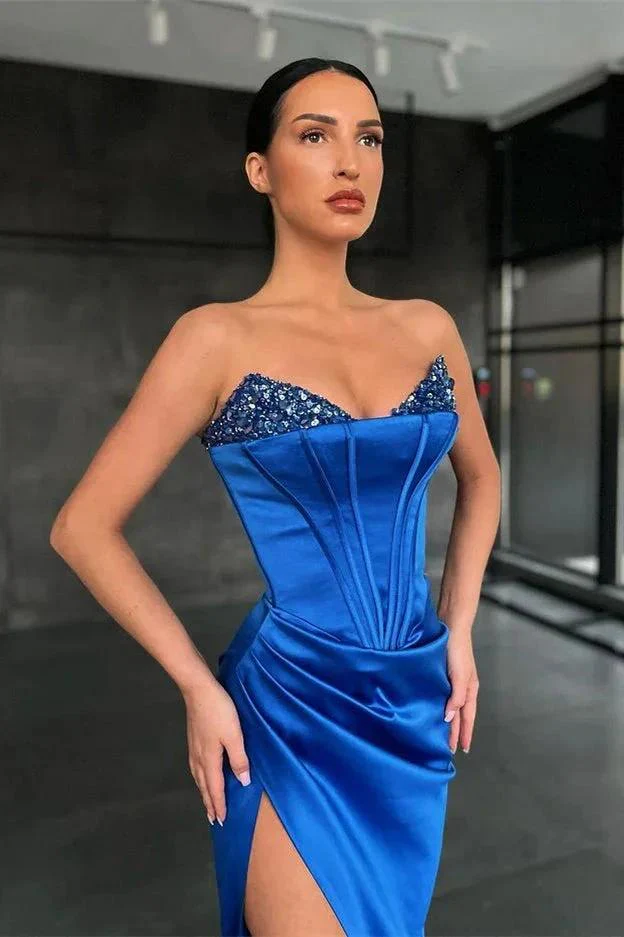 Royal Blue Long Mermaid Sweetheart Satin Prom Dress with Split - Image 3