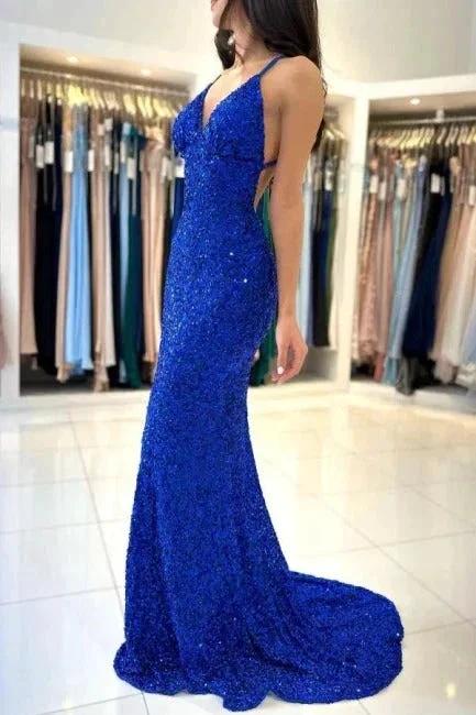 Royal Blue Long Mermaid V-neck Spaghetti Straps Backless Sequined Formal Prom Dresses - Image 3