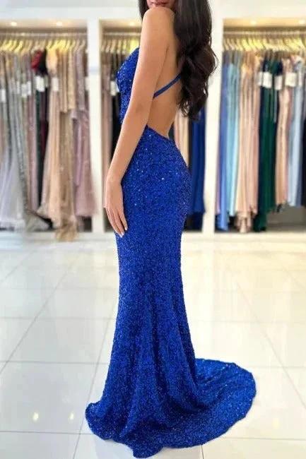 Royal Blue Long Mermaid V-neck Spaghetti Straps Backless Sequined Formal Prom Dresses - Image 5