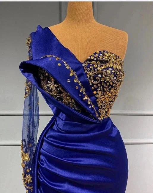 Royal Blue Long One Shoulder Mermaid Prom Dresses with Sleeves - Image 2