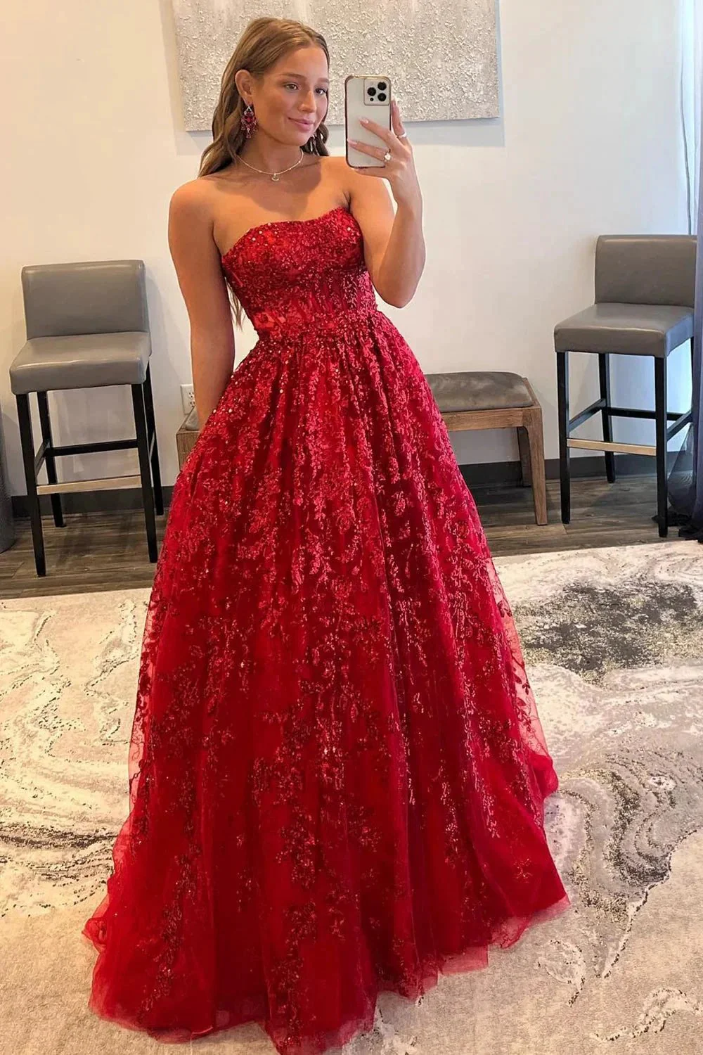 Zara |A-line Sequined Lace Long Prom Dress with Pockets - Image 4