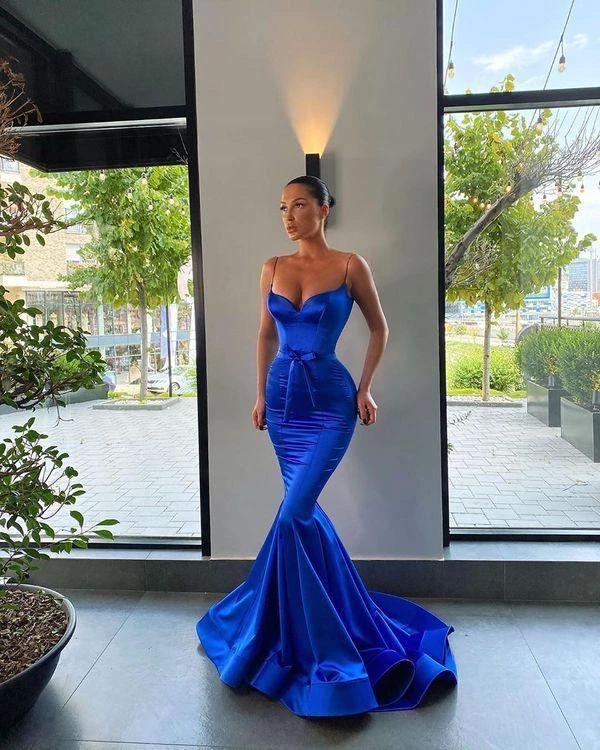 Royal Blue Long Prom Dresses,Mermaid Spaghetti Straps Evening Dresses Y1686 - Image 2