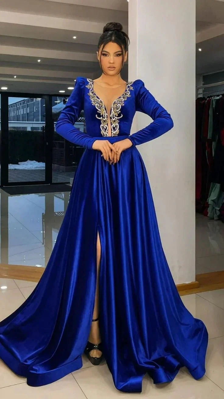 Royal Blue Long Sleeve Evening Dresses A Line Caftan Saudi Arabia Prom Gowns Side Split Occasion Dresses Y4938 - Image 2