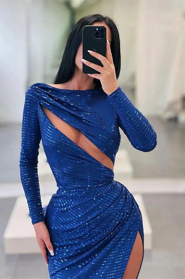 Royal Blue Long Sleeves Mermaid Sequins Prom Dress With Split - Image 2