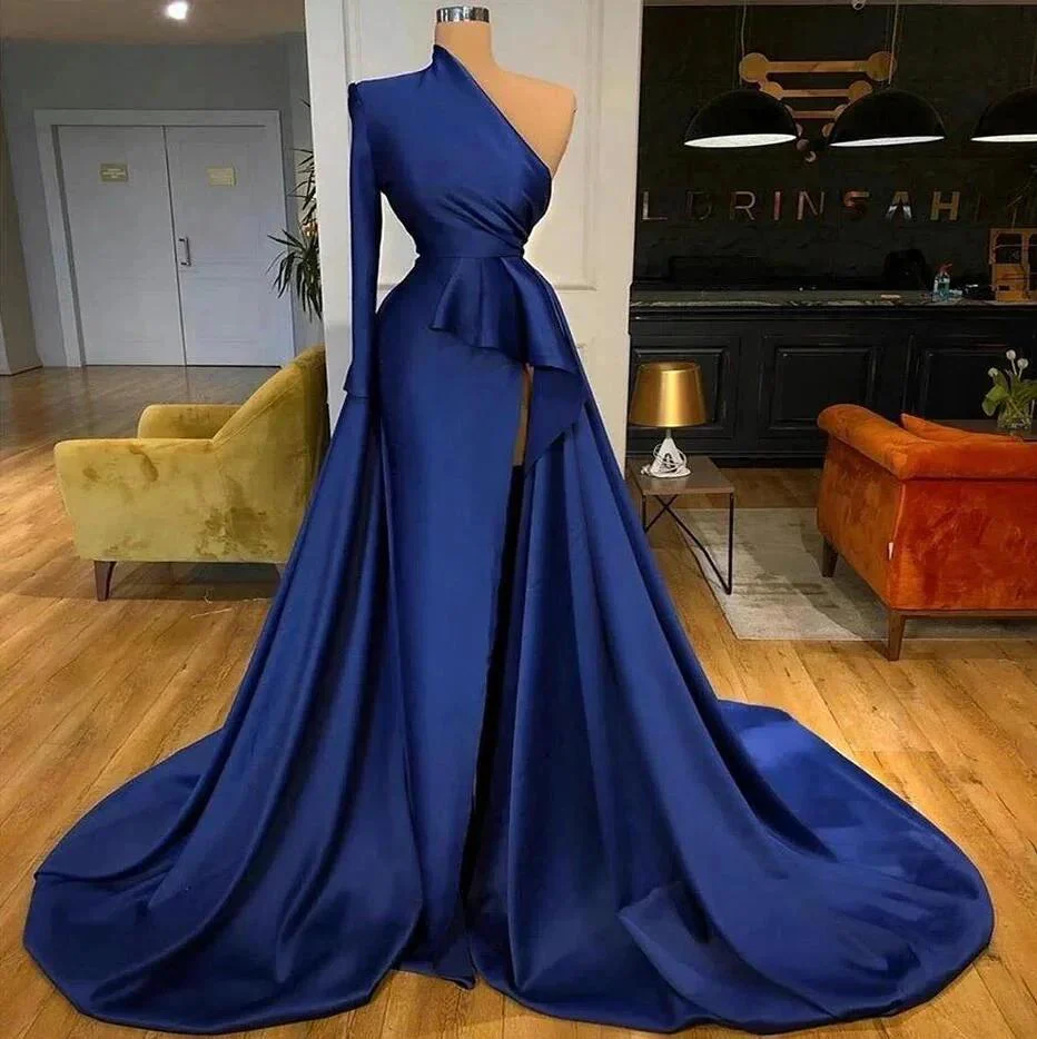 Royal Blue Long Sleeves One Shoulder A-line Split Prom Dresses - Image 2