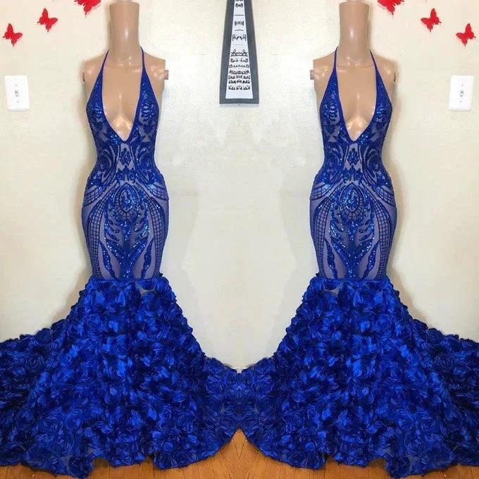 Royal Blue Mermaid Prom Dress Flowers Bottom Sequins V-Neck - Image 2