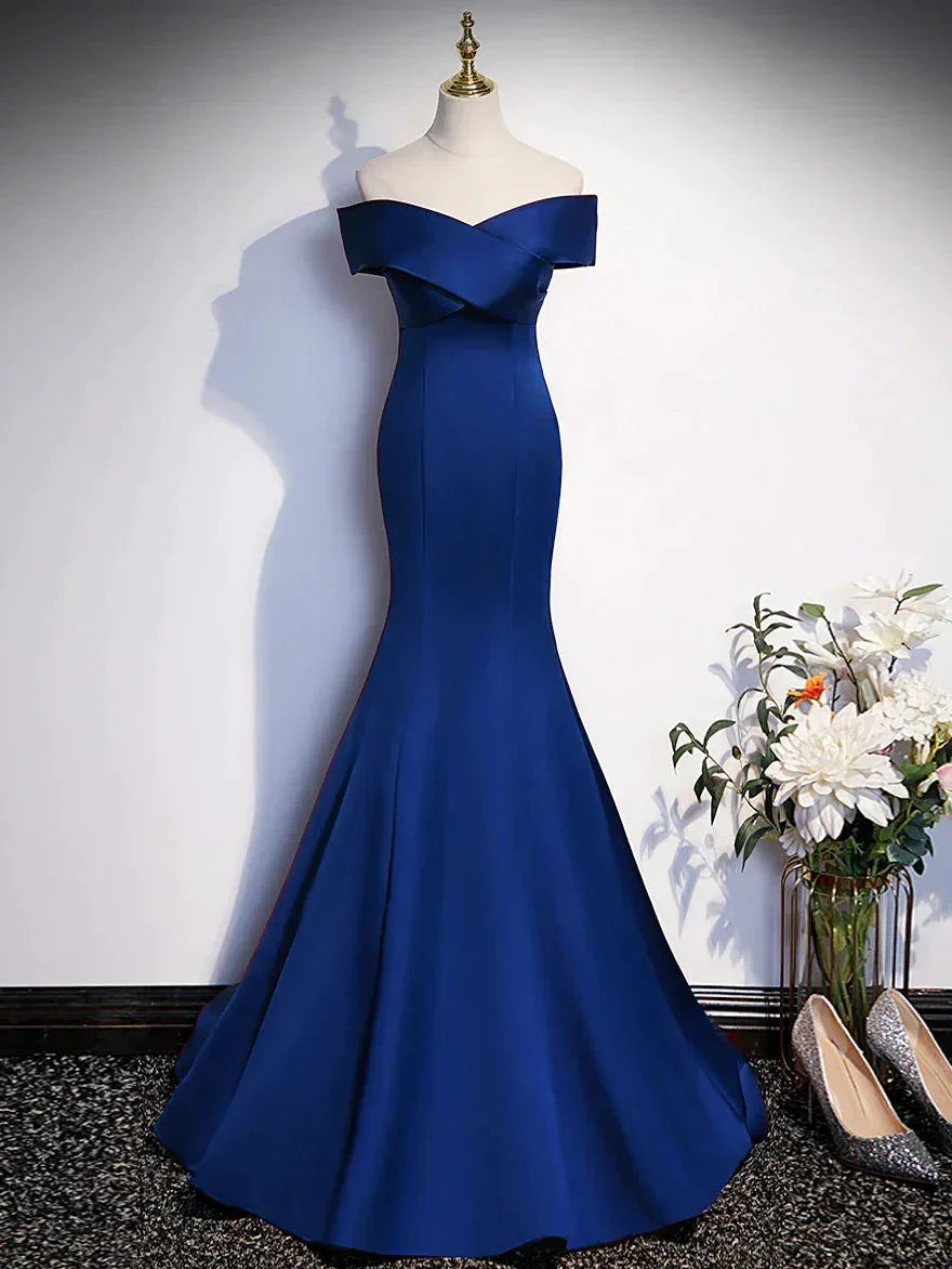 Royal Blue Mermaid Satin Long Prom Dress Off Shoulder Blue Evening Dress Y7429 - Image 2