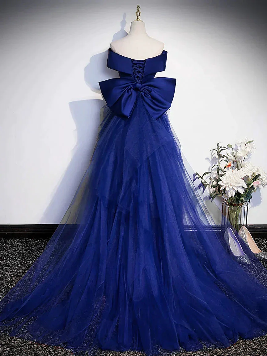 Royal Blue Mermaid Satin Long Prom Dress Off Shoulder Blue Evening Dress Y7429 - Image 3
