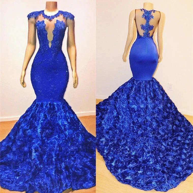 Royal Blue Mermaid Sexy Flowers Sleeveless Sheer Evening Dress - Image 2