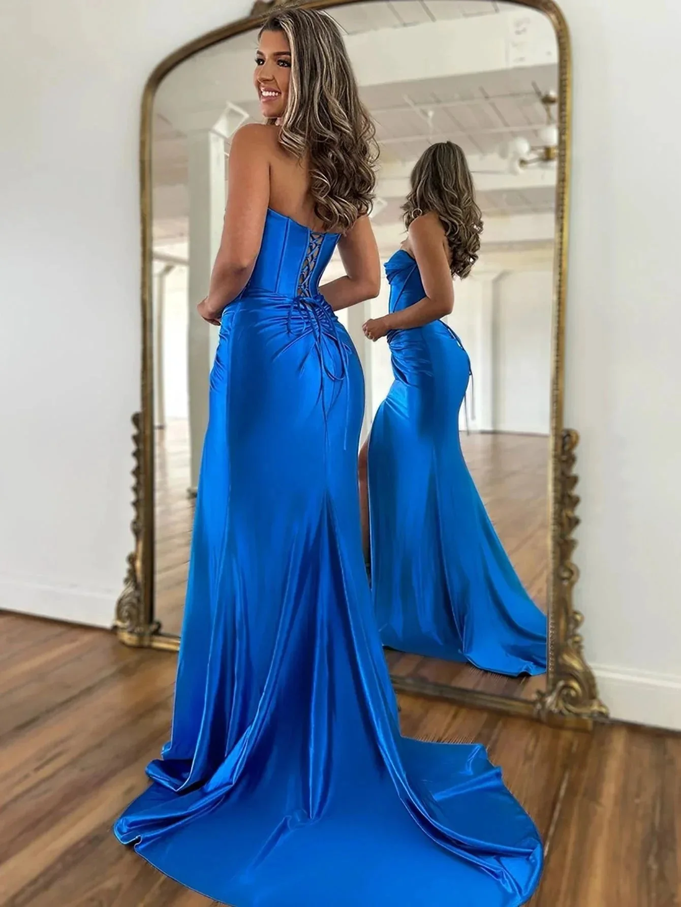 Nadia |Mermaid Strapless Satin Long Prom Dress With Slit - Image 2
