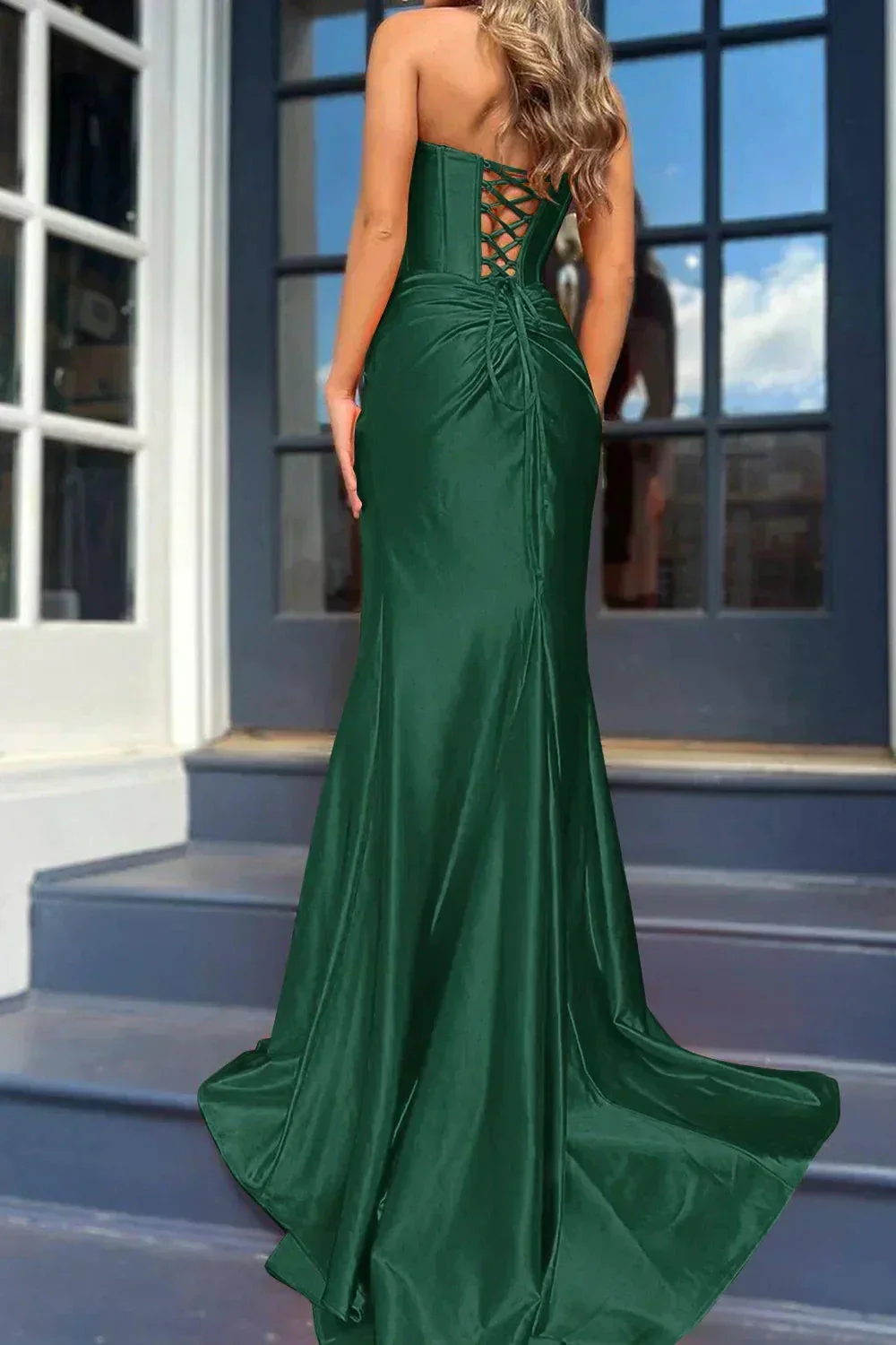 Nadia |Mermaid Strapless Satin Long Prom Dress With Slit - Image 6