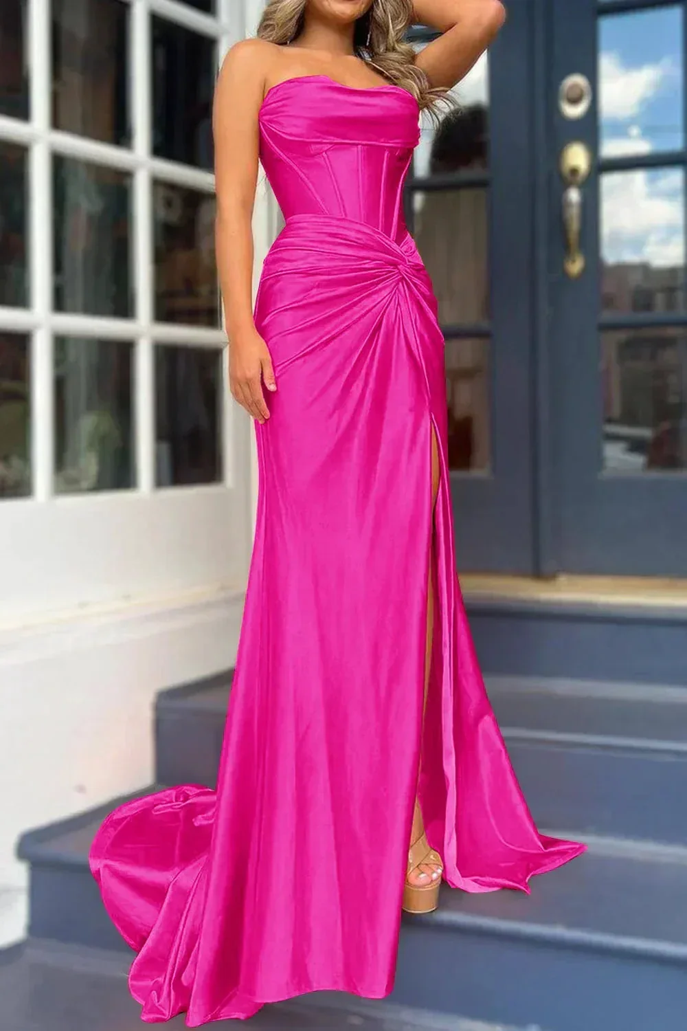 Nadia |Mermaid Strapless Satin Long Prom Dress With Slit - Image 7