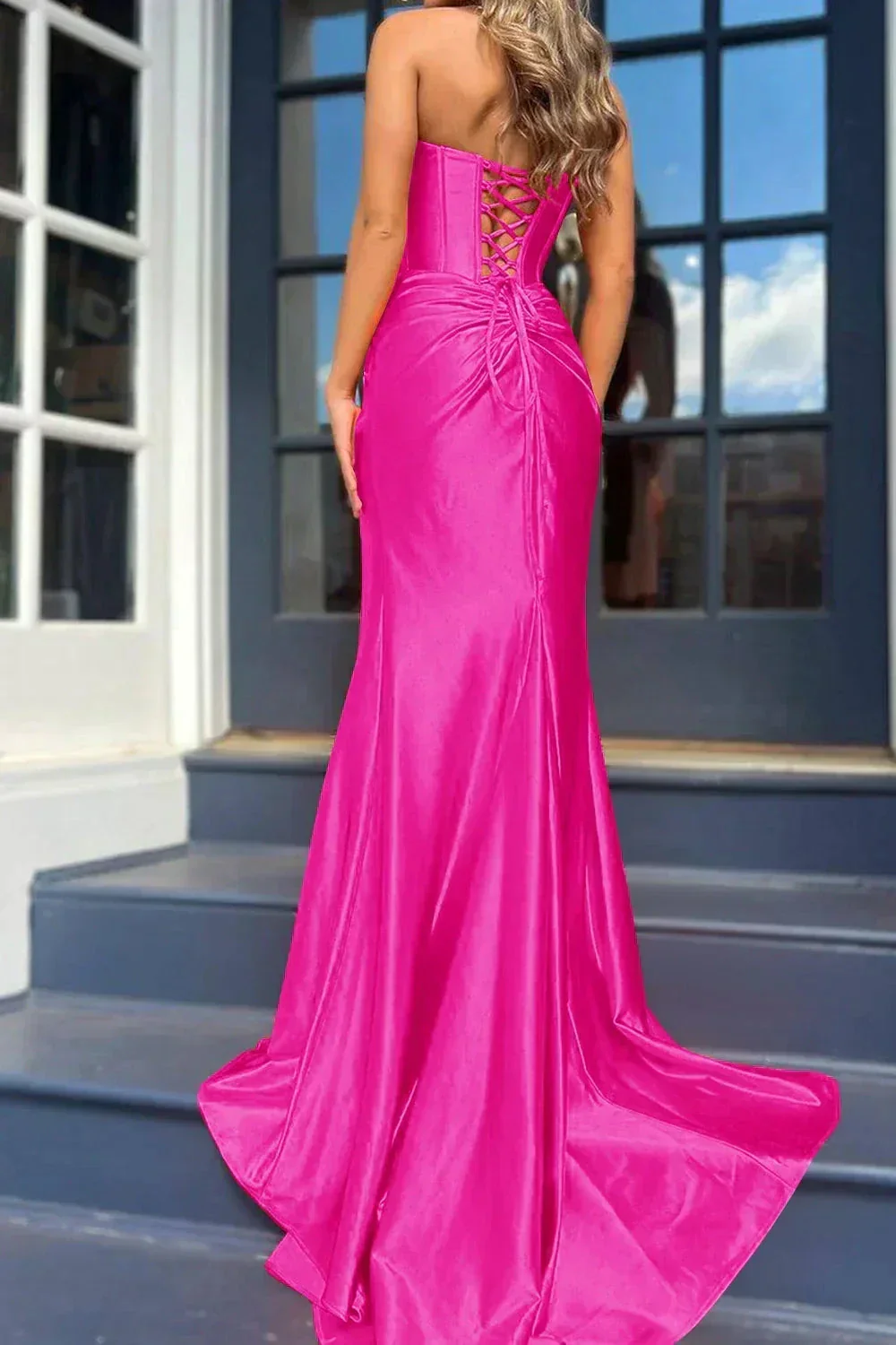 Nadia |Mermaid Strapless Satin Long Prom Dress With Slit - Image 8