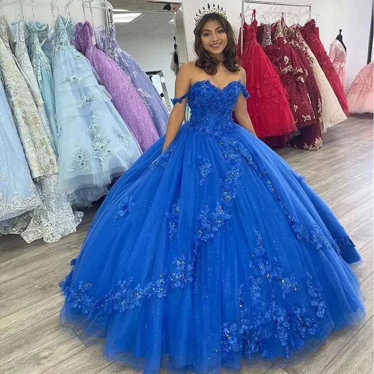 Royal Blue Off-Shoulder Ball Gown Quinceanera Dresses Fashion 3D Flower Tulle Sweet 16 Princess Dress Y524 - Image 2