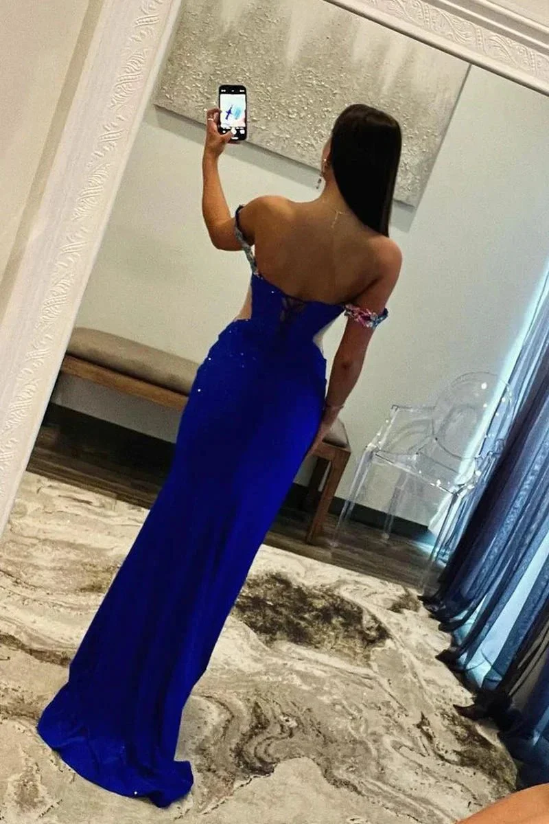 Royal Blue Off the Shoulder Beaded Long Prom Dresses with Appliques - Image 2