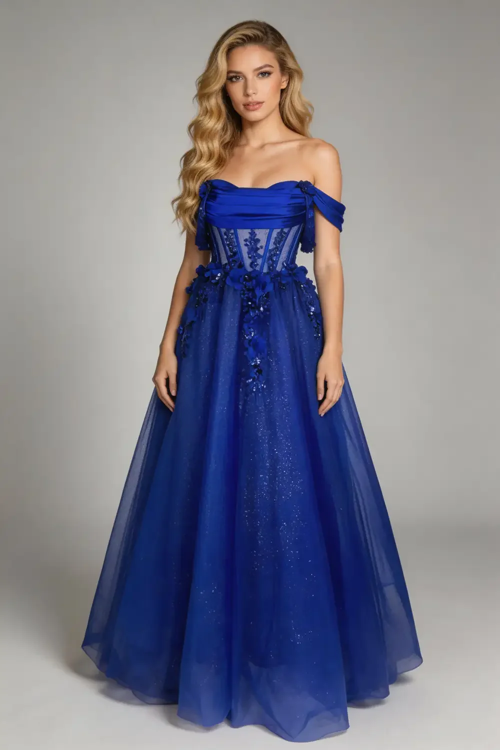 Royal Blue Off Shoulder Corset Ball Gown With 3D Floral Glitter Prom Dress