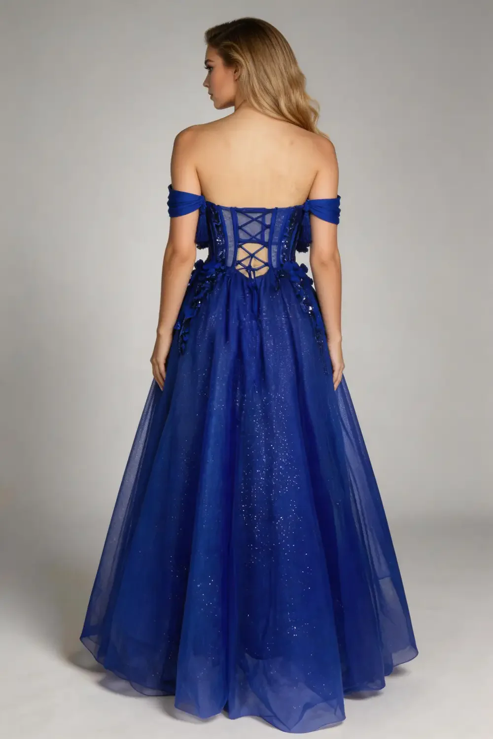 Royal Blue Off Shoulder Corset Ball Gown With 3D Floral Glitter Prom Dress - Image 2