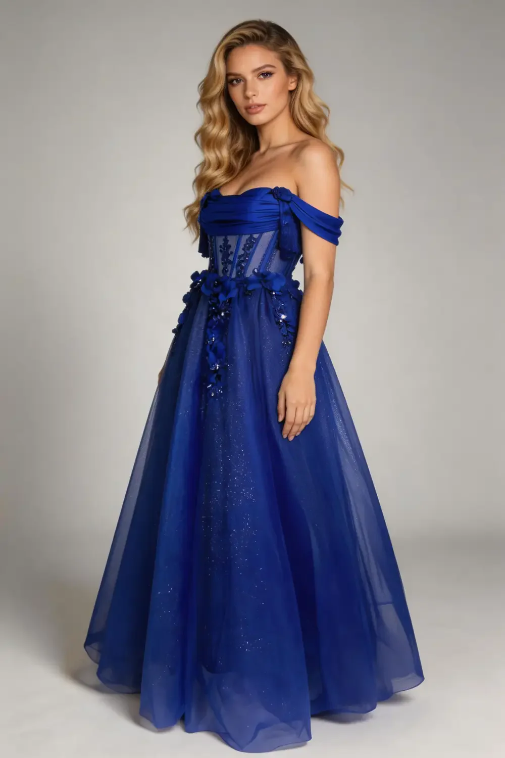 Royal Blue Off Shoulder Corset Ball Gown With 3D Floral Glitter Prom Dress - Image 3