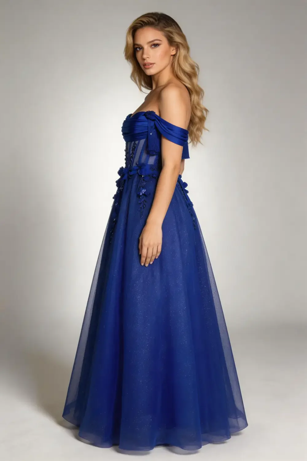 Royal Blue Off Shoulder Corset Ball Gown With 3D Floral Glitter Prom Dress - Image 4