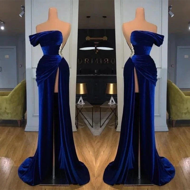 Royal Blue Off the shoulder Long Mermaid Velvet Prom Evening Dress with Split - Image 2