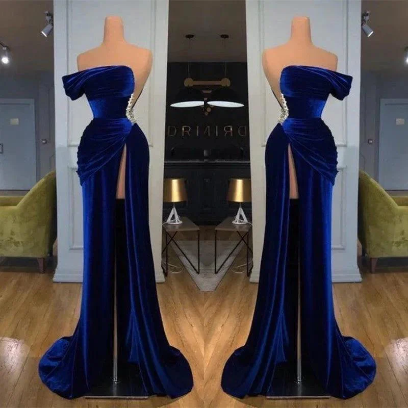 Royal Blue Off-the-shoulder Long Prom Evening Dress with Split - Image 2