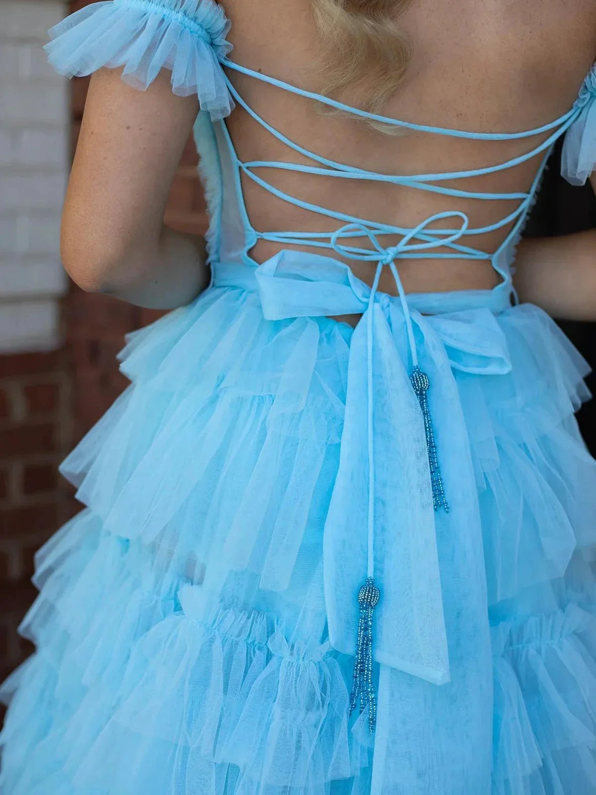 Adalynn | Royal Blue Off the Shoulder Ruffle Tiered Tulle Long Prom Dresses with Slit - Image 2