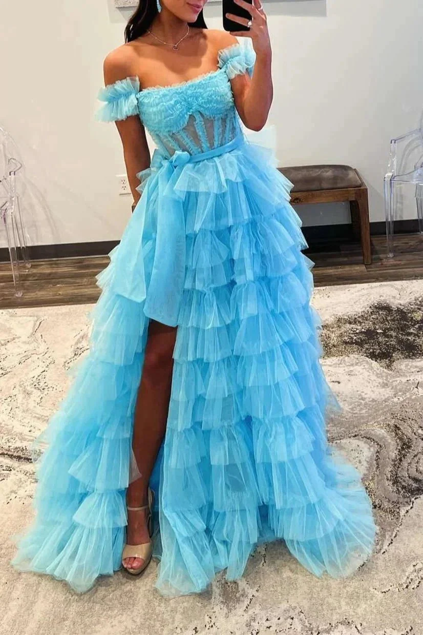 Adalynn | Royal Blue Off the Shoulder Ruffle Tiered Tulle Long Prom Dresses with Slit - Image 3
