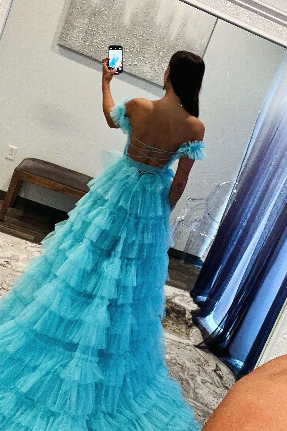 Adalynn | Royal Blue Off the Shoulder Ruffle Tiered Tulle Long Prom Dresses with Slit - Image 4