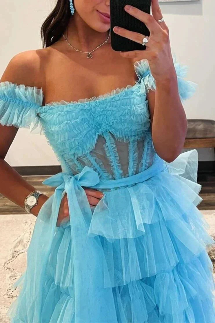 Adalynn | Royal Blue Off the Shoulder Ruffle Tiered Tulle Long Prom Dresses with Slit - Image 5