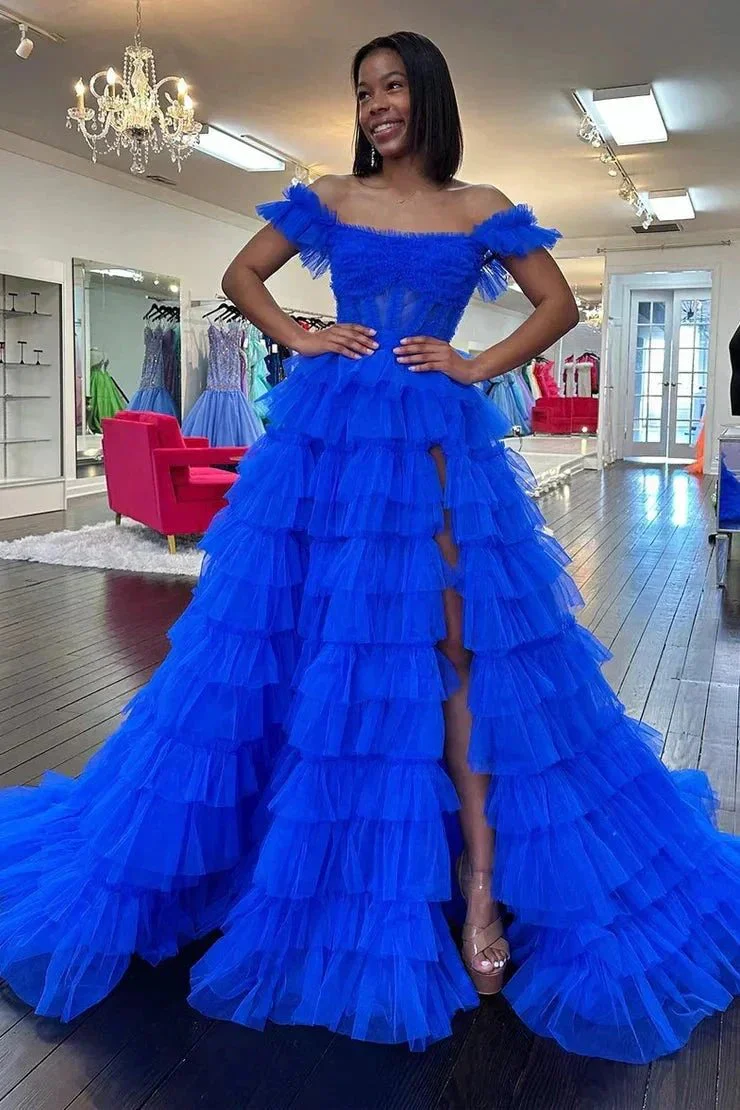 Adalynn | Royal Blue Off the Shoulder Ruffle Tiered Tulle Long Prom Dresses with Slit - Image 6