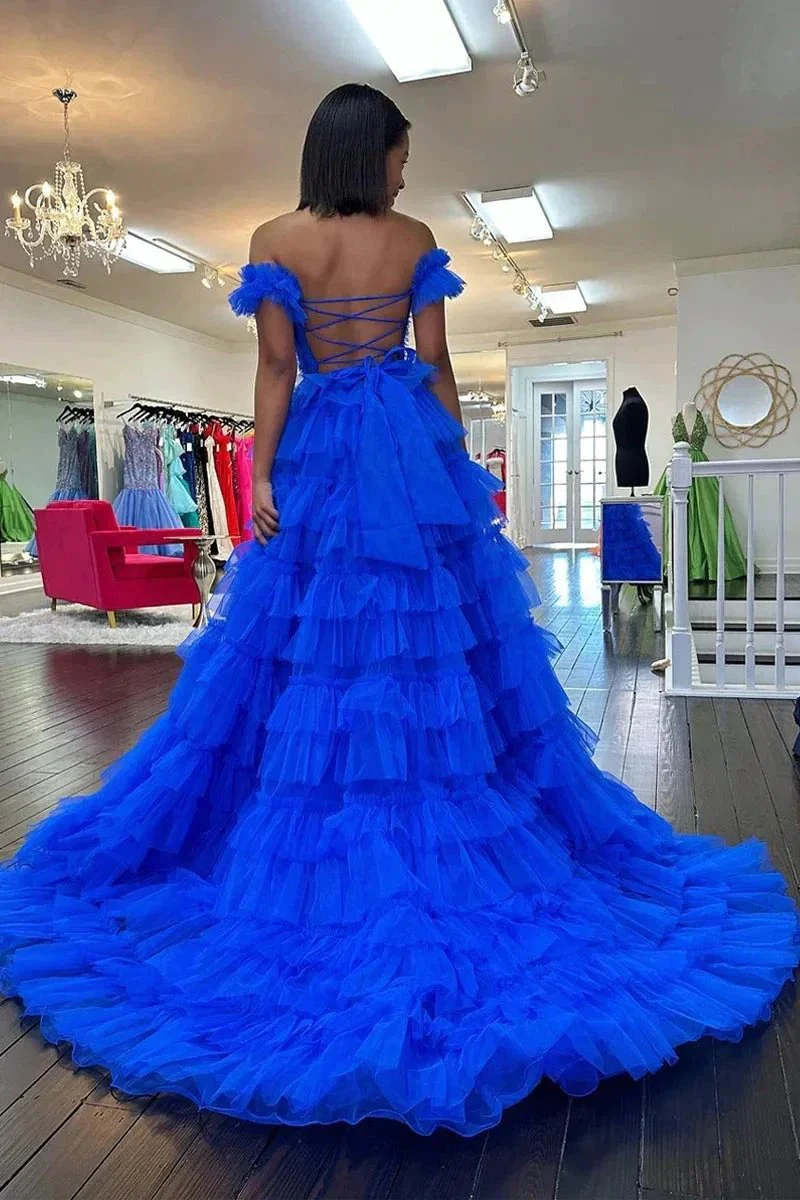 Adalynn | Royal Blue Off the Shoulder Ruffle Tiered Tulle Long Prom Dresses with Slit - Image 7
