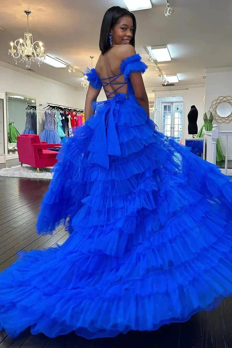 Adalynn | Royal Blue Off the Shoulder Ruffle Tiered Tulle Long Prom Dresses with Slit - Image 8