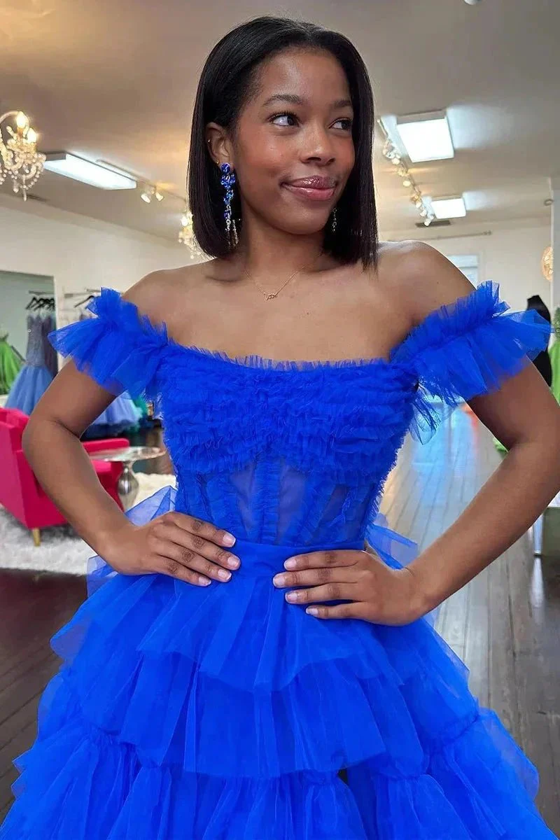 Adalynn | Royal Blue Off the Shoulder Ruffle Tiered Tulle Long Prom Dresses with Slit - Image 9